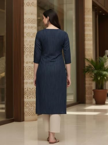 Image of Saanjh Women's Fit Straight Cotton Blend Long Kurta, 3 /4 Sleeve, Knee Length Kurtis, Casual and Office Wear