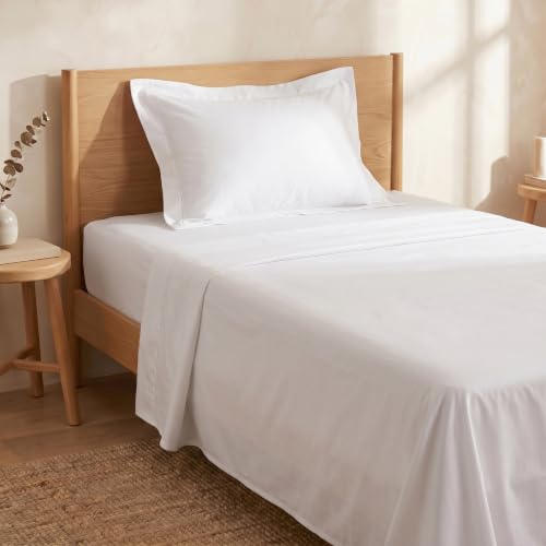 Image of Huesland Luxury 300 TC Pure Cotton Sateen Weave Single Bedsheet Set - Soft, Durable & Stylish | White | 88 x 55 inches