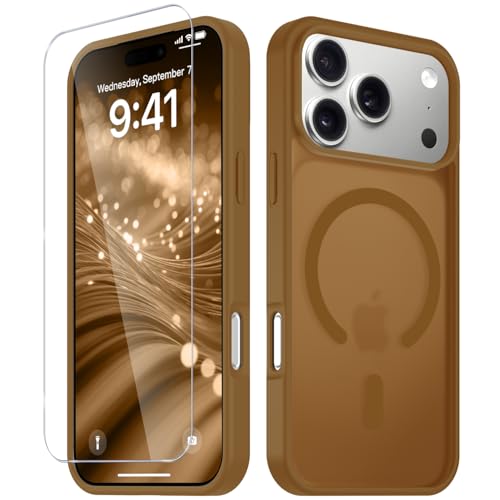 Image of YENAPOON for iPhone 17 Pro Max Case, Matte Magnetic Phone Cover [with 1 Screen Protector] [Support for MagSafe] [Shockproof Military Grade Protection] Translucent Frosted Back, Brown