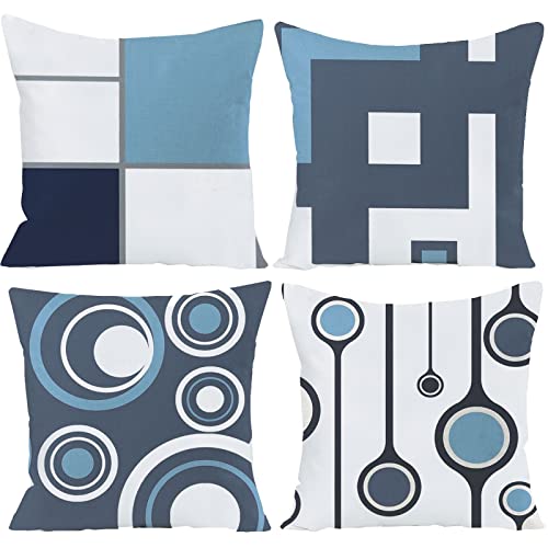 EZVING Set of 4 White Gray Blue Modern Abstract Geometric Throw Pillow Covers 16x16 Inches Decorative Cushion Pillow Cases Square Pillowcases for Bed Sofa
