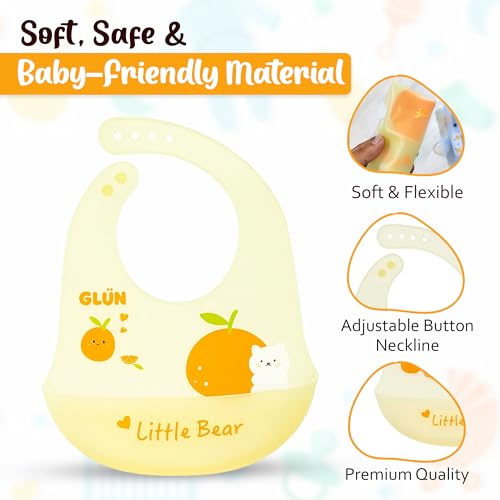 Image of GLUN Pack of 2 Soft Feeding Bibs with Bowl, Cute Oranges Print for Growing Champs, Easily Wipes Clean, Comfortable Soft Baby Bibs, Less Time Cleaning after Meals for Babies