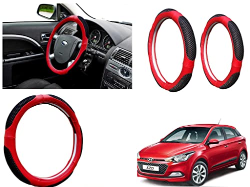 Image of Microfiber Car Steering Wheel Cover, Soft Padding Great Hand Feel, Anti-Slip, Faux Leather Steering Cover for Hyundai I20 Elite | Black Red Jali - Pack of 1