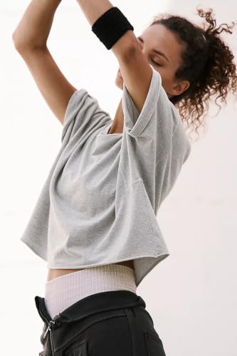 Image of HUGOOME Womens Oversized Workout Crop Top Casual Short Sleeve Boxy Roll Hem