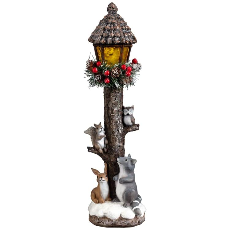 Bloomingtons Direct Christmas Cottage Light Up Lamp Post with Snowy Pine Berries Ring Racon Figurine Woodland Lamp Post Charming Woodland Scene Christmas Decoration Outdoor/Indoor Ornament