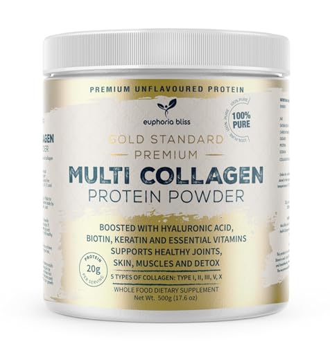 Multi Collagen Protein Powder with Hyaluronic Acid, Biotin, Keratin & Vitamin C for Women & Men | Unflavoured | Types I, II, III, V & X, Bovine | Fish | Chicken & Eggshell | Halal 500G