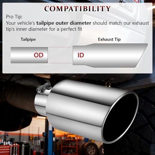 Image of Exhaust Tip 4 inch Inlet 7 inch Outlet 15 inch Long, High Performance Stainless Steel, Rustproof Polished Finish, Rolled Angle Cut, Bolt-On Diesel Tail Pipe, Universal for Car Truck