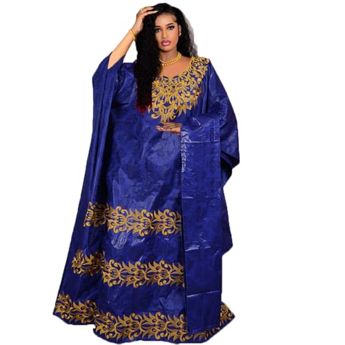 HD African Navyblue Bazin Dress Traditional Fancy Embroidery Boubou Caftan Gown For Woman with Heard Wrap