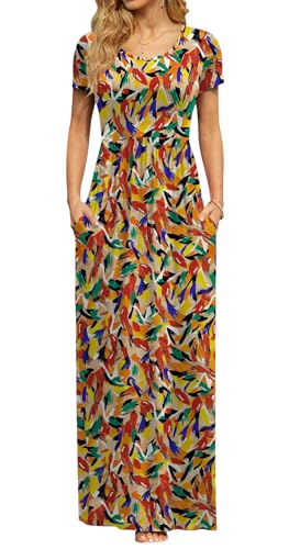 Image of DB MOON Womens 2026 Summer Maxi Dresses Casual Short Sleeve Empire Waist Spring Long Dress with Pockets