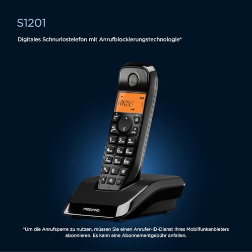 Motorola Voice - S1201 Digitales Schnurlostelefon der S12-Serie mit Anrufsperre und „Bitte Nicht stören“, Freisprecheinrichtung, Telefonbuch mit bis zu 50 Namen und Nummern, helles Display