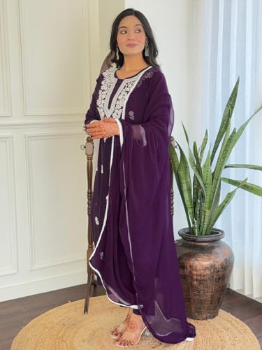 Image of Naixa Women's Cotton Embroidered Straight Kurta with Pant and Dupatta Sets (Available in Plus Size) (NX-574)