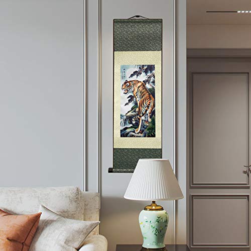 Atfart Asian Wall Decor Beautiful Silk Scroll Painting Deterrence Tiger Oriental Decor Chinese Art Wall Scroll Wall Hanging Painting Scroll (39 X 12 In) #TOP7