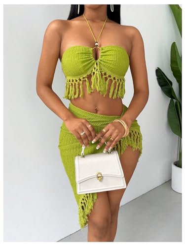 SHENHE Women's Fringe 2 Piece Vacation Outfits Halter Crop Top and Twisted Slit Skirt Set3