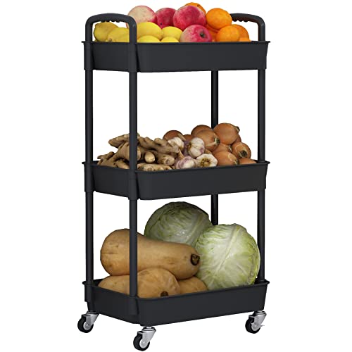 Image of JIUYOTREE 3-Tier Rolling Storage Cart Utility Cart with Lockable Wheels for Living Room Bathroom Kitchen Office Black