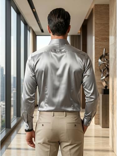 Image of DEELMO Men's Stylish Solid Satin Casual Shirt for Men Full Sleeves| Poly Satin Silk Shirt