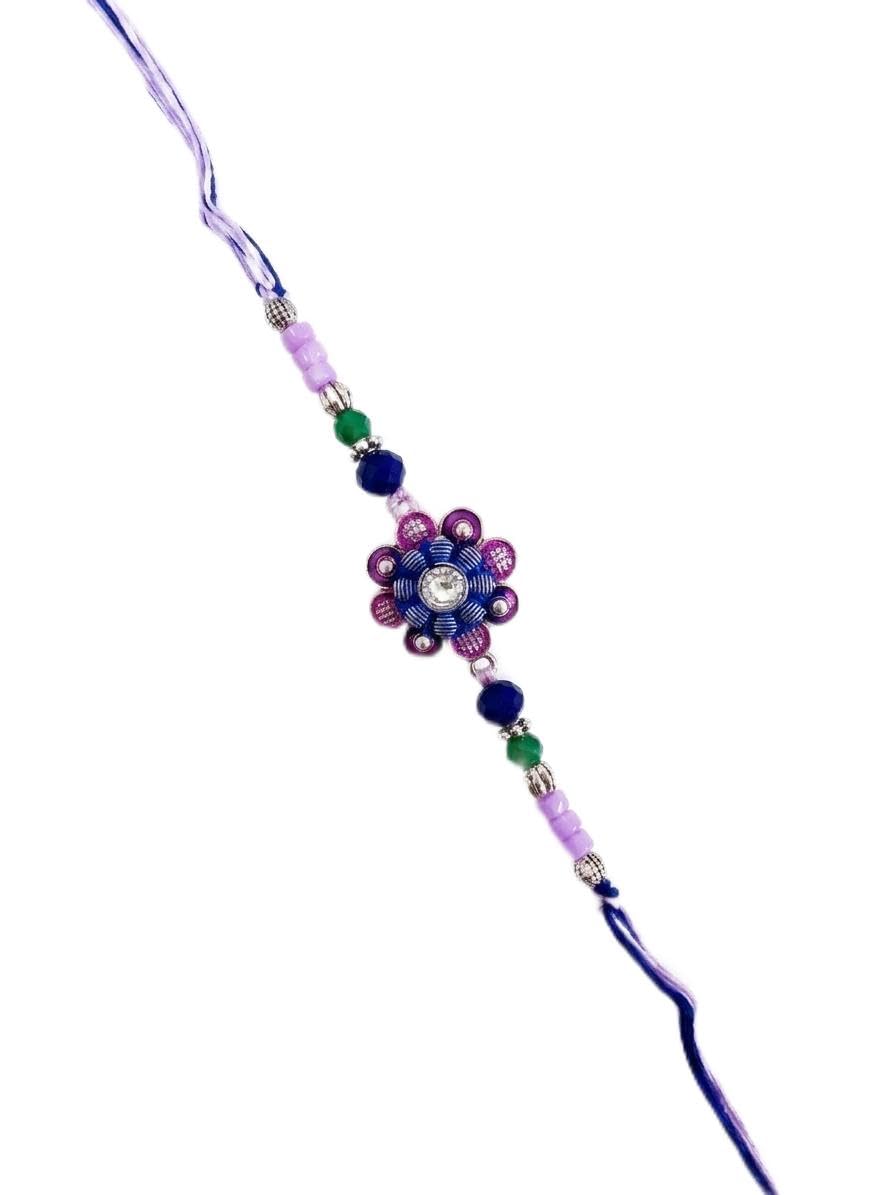 Pink Floral Enamel & Oxidised Silver Rakhi for Brother with Turquoise Beads – Includes Personalised Greeting Card, Sandalwood Tilak, Roli & Chawal Packets in Eco-Friendly Gift Box-image-18