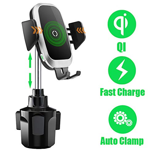 Cup Holder Phone Mount Wireless Car Charger, Auto Clamping QI Fast Wireless Charging