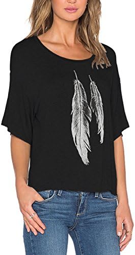 Tulucky Womens Summer Fashion Angel Wing Loose Tops O-Neck T Shirts (S, Black-Feather)