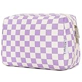 Narwey Checkered Makeup Bag Travel Cosmetic Bag Organizer Toiletry Bag Make Up Bags with Compartments for Women Girls (Large, Purple Checkerboard)