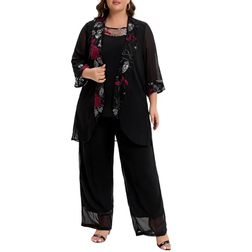 3 Piece Mother of The Bride Pant Suits Plus Size Chiffon Sets Embroidered Laces Wedding Guest Outfit with Jacket