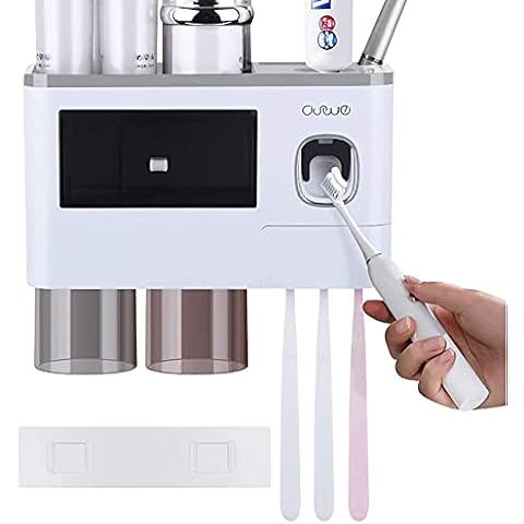NewWe Toothbrush Holder Wall Mounted with Automatic Toothpaste Dispenser, 6 Toothbrush Slot with Cover, 2 Magnetic Cups and Cosmetic Drawer Toiletries Storage Rack for Children/Adults (2 Cups) Cover