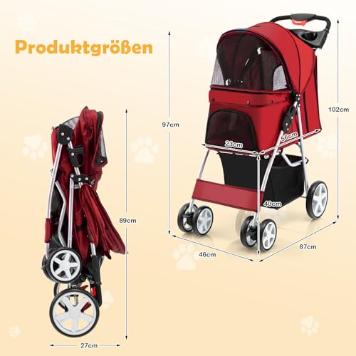 COSTWAY Hundewagen Haustiere Buggy, bis 15 kg, Hundebuggy mit Netzfenstern & Getränkehalter & Korb & Sonnenschutz, Faltbarer Katzenwagen, Katzenbuggy für kleine Hunde Katzen (Rot)