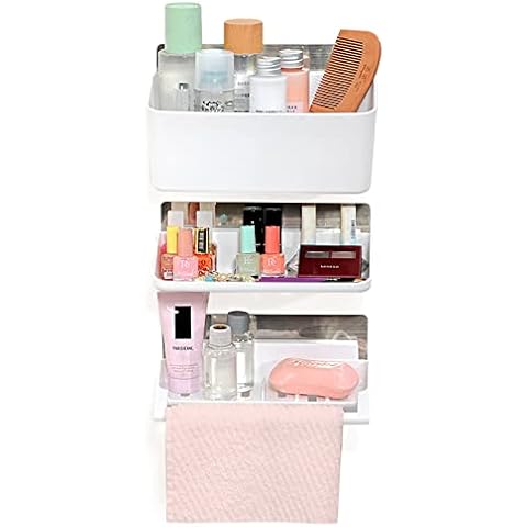 Feibrand Adhesive Bathroom Shower caddy organizer ,Wall Mounted Shower Shelf with Soap Dish Razor Holder,No Drilling Bathroom Storage ,Rustproof Bathroom Accessories Shampoo Holder 3 Tiers White Cover