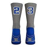ChalkTalkSPORTS Custom Team Number Mid-Calf Crew Socks | Athletic Socks Gray & Blue | 23 or 32