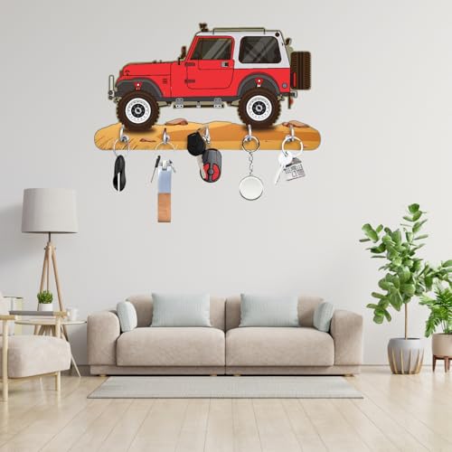 Image of Webelkart Premium HD UV Printed Mahindra Thar Car Shape Designer Wooden Key Holder Home and Office Decor (11 X 6 Inch, Wood) (Red)