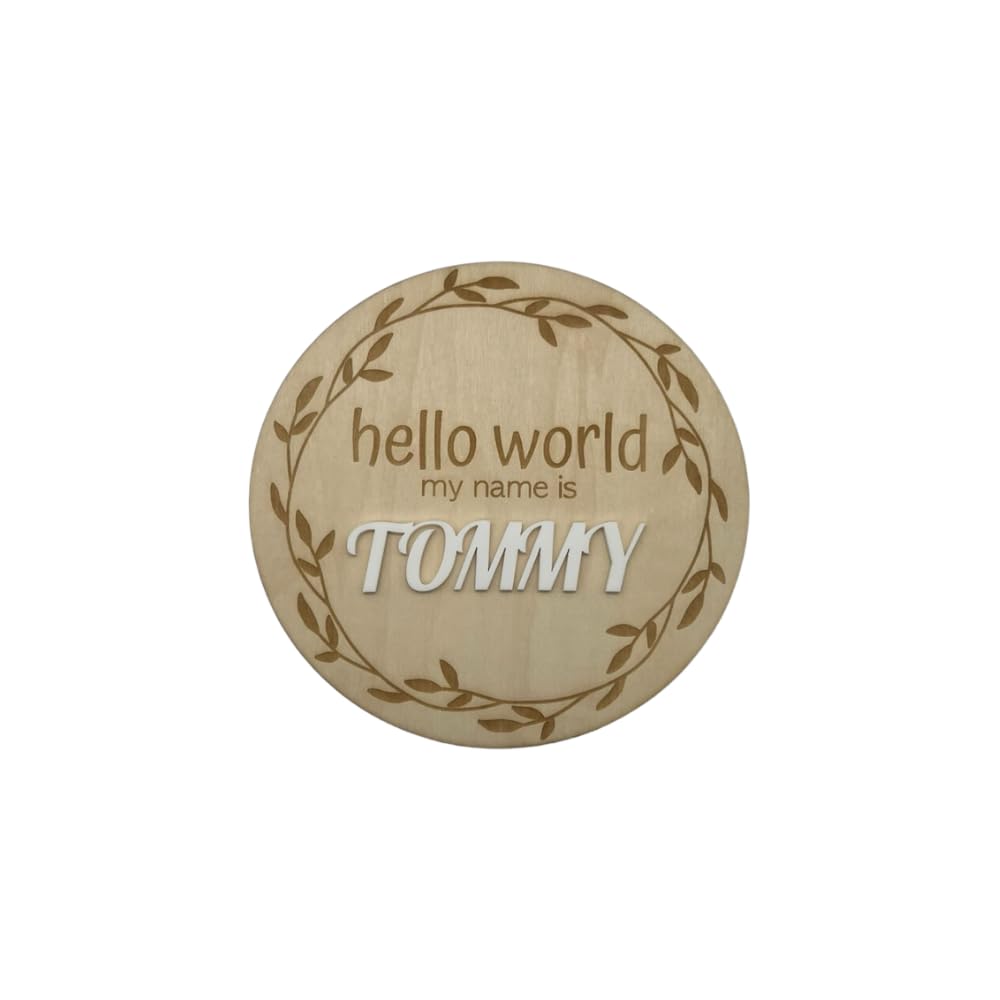 AETN Creations Hello World My Name Is Personalised Wooden Birth Announcement New Baby Name Disc Plaque Sign, Perfect Newborn Gift