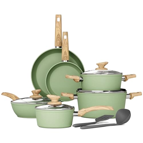 Image of DishDelight 12 Piece Pots and Pans Set, Nonstick Kitchen Cookware Sets | Granite Pans Set for Cooking, Compatible with Induction, Gas & Electric Stoves, PFOA & PFOS Free, Even Heating, Easy to Clean