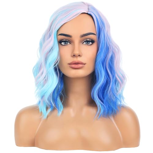 Image of BERON Pink and Blue Wigs for Womens Short Curly Wavy Wig Girls Colorful Side Part Wigs Shoulder Length Heat Resistant Synthetic Cosplay Party or Daily Use Wigs