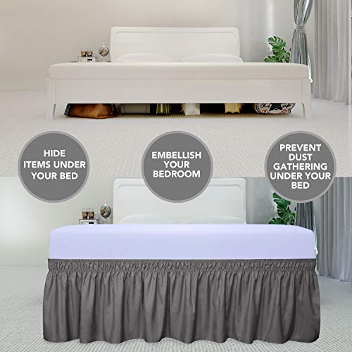 Purefit Wrap Around Ruffled Bed Skirt With Adjustable Elastic Belt - 18 Inch Drop Easy To Put On, Wrinkle Free Bedskirt Dust Ruffles, Bed Frame Cover For Queen, King And C-King Size Beds, Dark Gray #TOP2