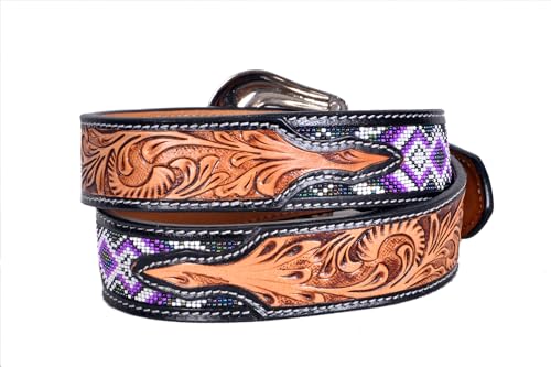 Western Tooled Leather Beaded Belt For Men and Women 30IS1102