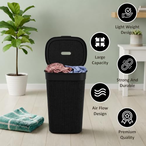 Image of KITCHIVO Plastic Large 55 Ltr Laundry Basket with Lid & Handle | Multipurpose Hamper Bins Storing Washable Clothes, Blankets | Household Ideal for Home & Bathroom (Woods Black)