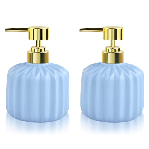 Image of Ceramic Soap Dispenser for Wash Basin - Handwash Dispenser Bottle - Leak-Proof Design with Silver Glossy BPA-Free Pump, Rivo, Blue, Pack of 2,SoapDispenser RivoCombo BlueBlue