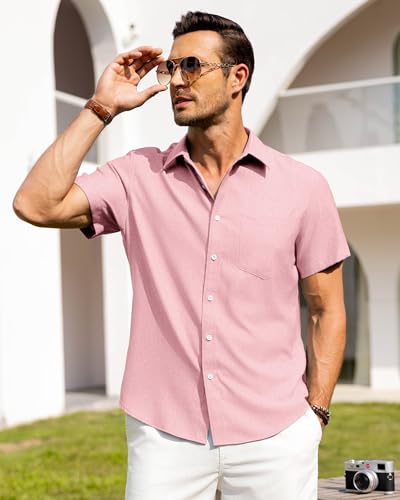 Image of Alimens & Gentle Mens Linen Shirts Short Sleeve Button Down Shirts Wrinkle Free Casual Vacation Beach Summer Tops