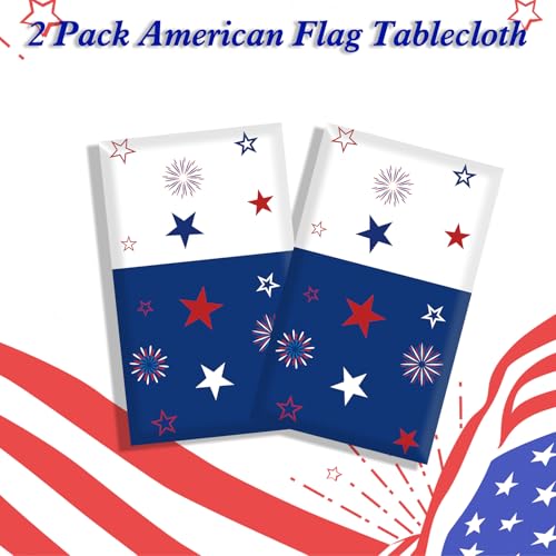Image of 2 Pack Patriotic Tablecloth Decorations for 4th of July Independence Day, American Flag Plastic Disposable Rectangle Memorial Day Table Cover for Patriotic Themed Party Supplies, 54 x 108 Inch