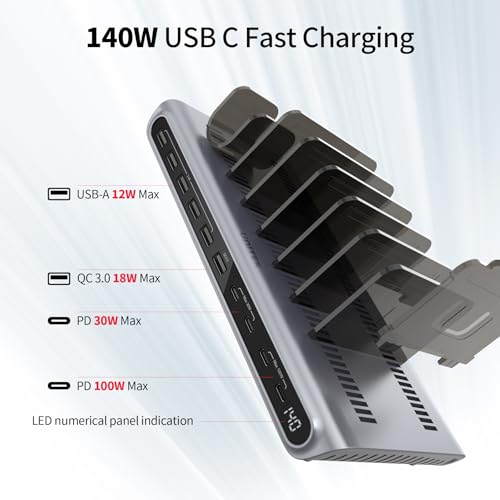 Base de carga de 140W Unitek con soporte estructural para laptop y iPad 3
