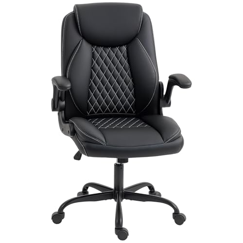 HOMCOM Executive Office Chair with Flip-Up Armrests, PU Leather Computer Desk Chair with Thick Cushion, Tilt Function, Height Adjustable for Home, Black