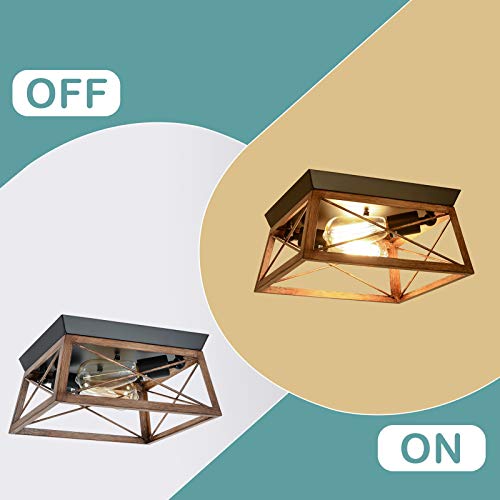 HMVPL Farmhouse Flush Mount Ceiling Light Fixture, Rustic Metal Square Close to Ceiling Light, 2-Light Industrial Ceiling Lamp for Hallway Dining Room Bedroom Kitchen Foyer - Thumbnail 3