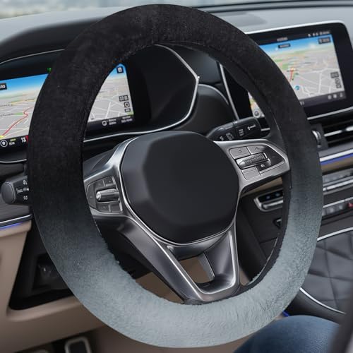 Image of Coverado Steering Wheel Cover, Anti-Slip Fluffy Car Steering Wheel Cover for Winter Warm, Universal 14-15 inch, Soft Plush, No Odor, Luxurious Decoration for Women Men, Gradient Gray