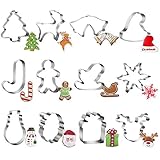JUEGO DE MOLDES NAVIDEÑOS: 12 tipos de cortadores de galletas navideñas con diferentes formas, que incluyen una variedad de patrones navideños clásicos/cabeza de venado/muñeco de nieve/hombre de jengibre/alce/Papá Noel/copo de nieve/árbol de Navidad/trineo/caja de regalo/sombrero de Navidad/campana/bastón de caramelo, etc., utilícelos para hacer galletas decorativas que harán que su fiesta de Navidad sea más perfecta.