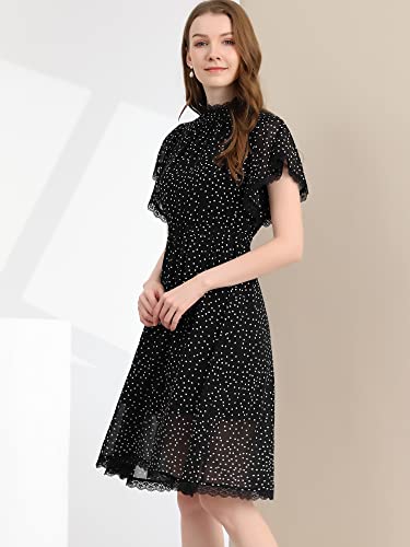 Allegra K Women's Polka Dots Lace Ruffle Neck Flutter Short Sleeve Wear To Work Midi Dress X-Large Black #TOP3