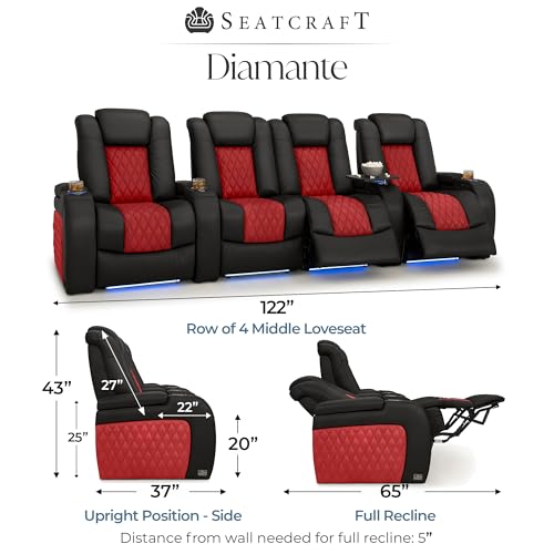 Image of Seatcraft Diamante Black /Red Italian Leather Home Theater Seating, Zero Gravity Power Recliner, Gaming and Home Office Chair, Powered Headrest Furniture for Cinema Room, Row of 4 Middle Loveseats