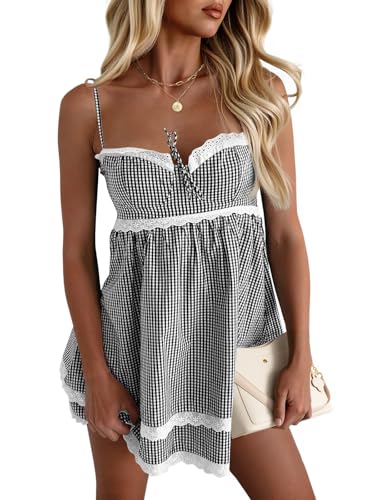 Wenrine Womens Summer Mini Dress Spaghetti Strap Sweetheart Y2K Plaid Lace Trim Tiered Beach Sundress Dresses Black