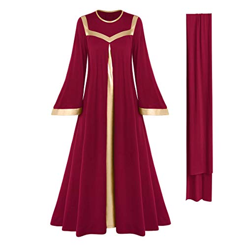Women Adult Gold Metallic Bell Long Sleeve Praise Dance Dresses with Belt Liturgical Church Dancewear Loose Fit Full Length Color Block Tunic Robe Lyrical Skirt Worship Costume Praisewear Wine Red 3XL Women Adult Gold Metallic Bell Long Sleeve Praise Dance Dresses with Belt Liturgical Church Dancewear Loose Fit Full Length Color Block Tunic Robe Lyrical Skirt Worship Costume Praisewear Wine Red 3XL