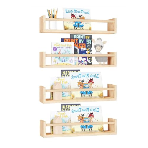 Ruspela Lot de 4 étagères murales flottantes en bois pour livres chambre - Étagère murale pour la maison, la chambre à coucher enfant