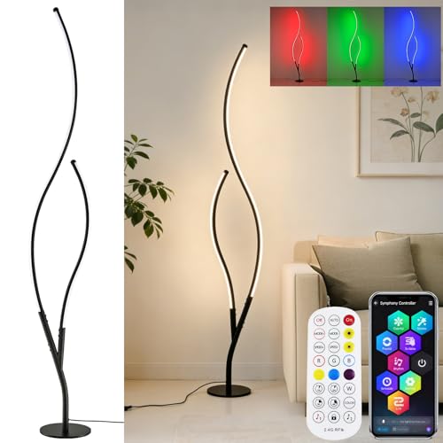 Image of DAYCENT RGBWIC Floor Lamps Modern Smart Corner Lamp with APP and Remote 1500 Lumen LED Lights with Music Sync, 16 Million DIY Colors, Scene Modes Ambience Light for Bedroom Living Room Black