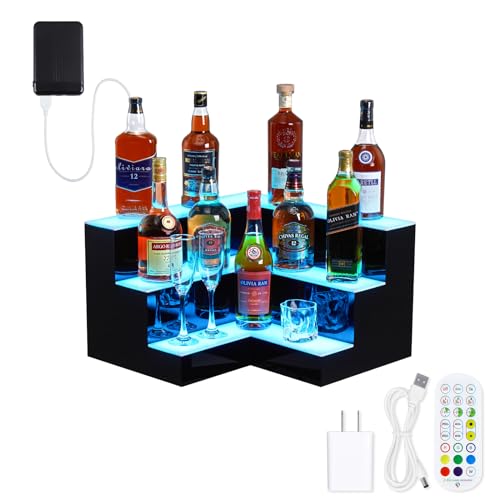 LED Lighted Liquor Bottle Display Shelf - 3-Step, 20 in, Remote & App Control, Acrylic with Wine Holder Slots, Multi Functional Wine Rack