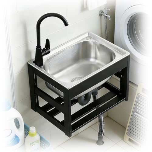 Lavandino a parete - Lavabo for mani - Vasca for lavanderia multiuso in acciaio inossidabile 304, con ripiano in alluminio nero(52X38X35X18cm)